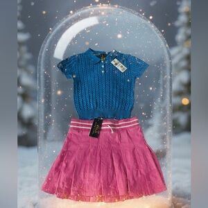 Girls Polo by Ralph Lauren Blue Cable Knit Polo Sweater and Pleated Skirt